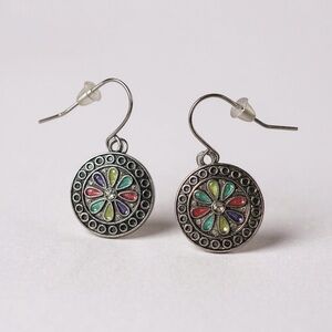 Boho Rainbow Medallion Drop Earrings Antique Silver Tone